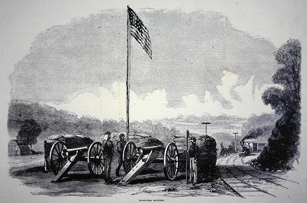 Bateria federal de saco de areia para proteger a ferrovia durante a Guerra Civil Americana (1861-65) (litho) de American School