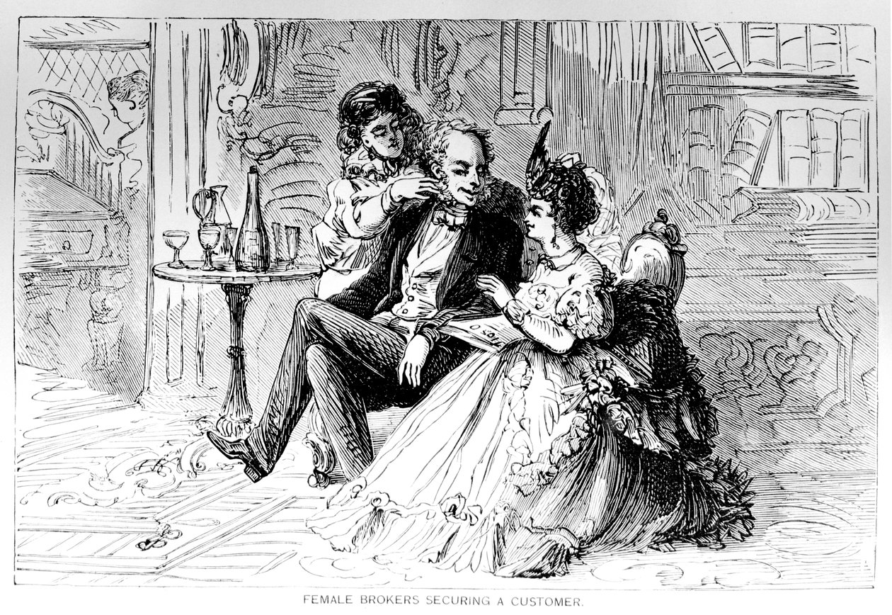 Corretores do sexo feminino, protegendo um cliente, ilustração de The Bulls e ursos de Nova York, por Matthew Hale Smith (1810-79) de 1873 de American School