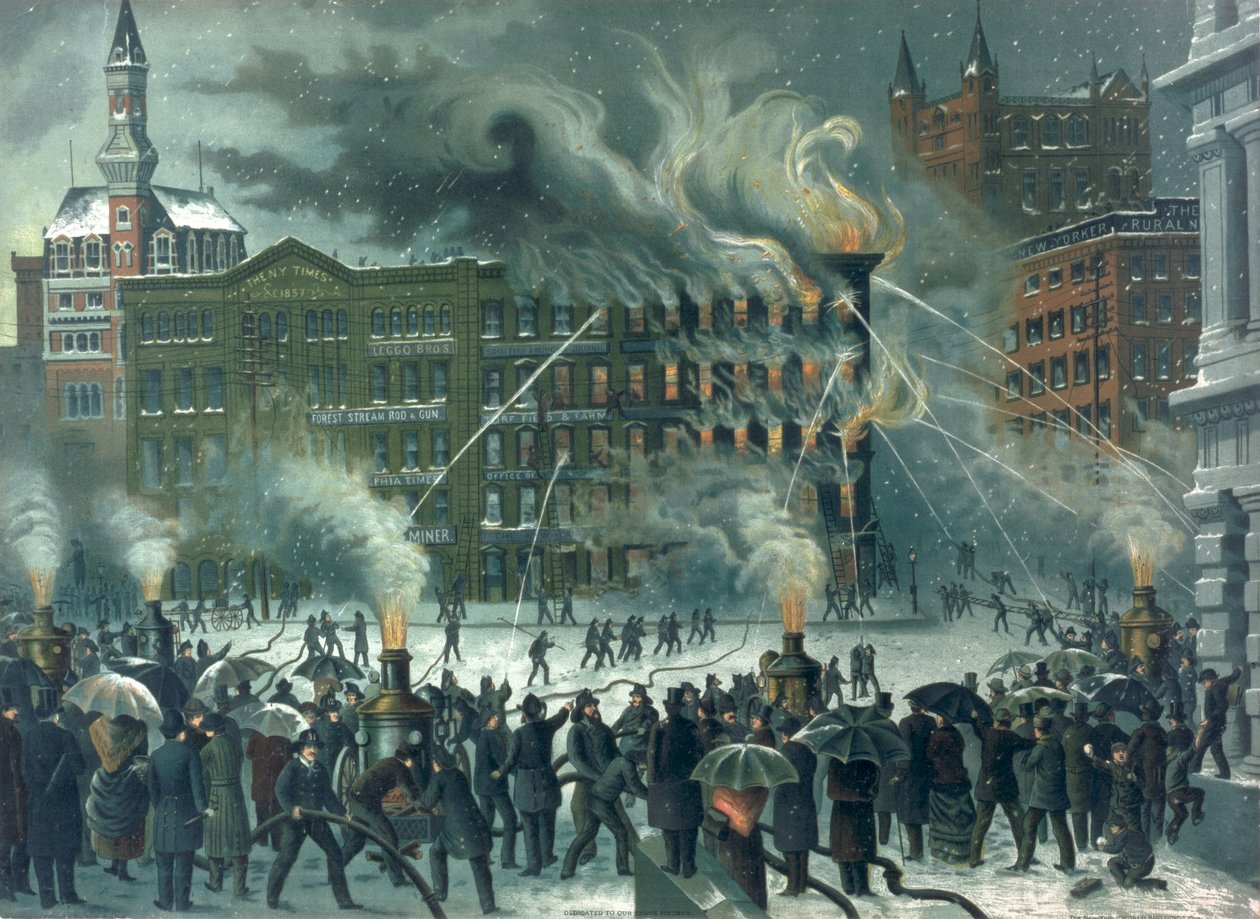 Incêndio no edifício do mundo de Nova York, dedicado a nossos bombeiros corajosos, pub. por WM Bruns, 1882 de American School