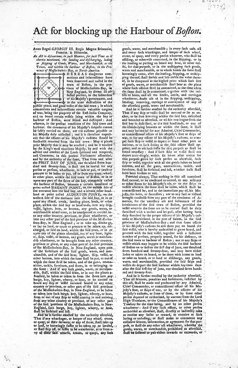 Primeira página de um broadline esboçando a lei para obstruir acima o porto de Boston, 1774 (papel de jornal) de American School