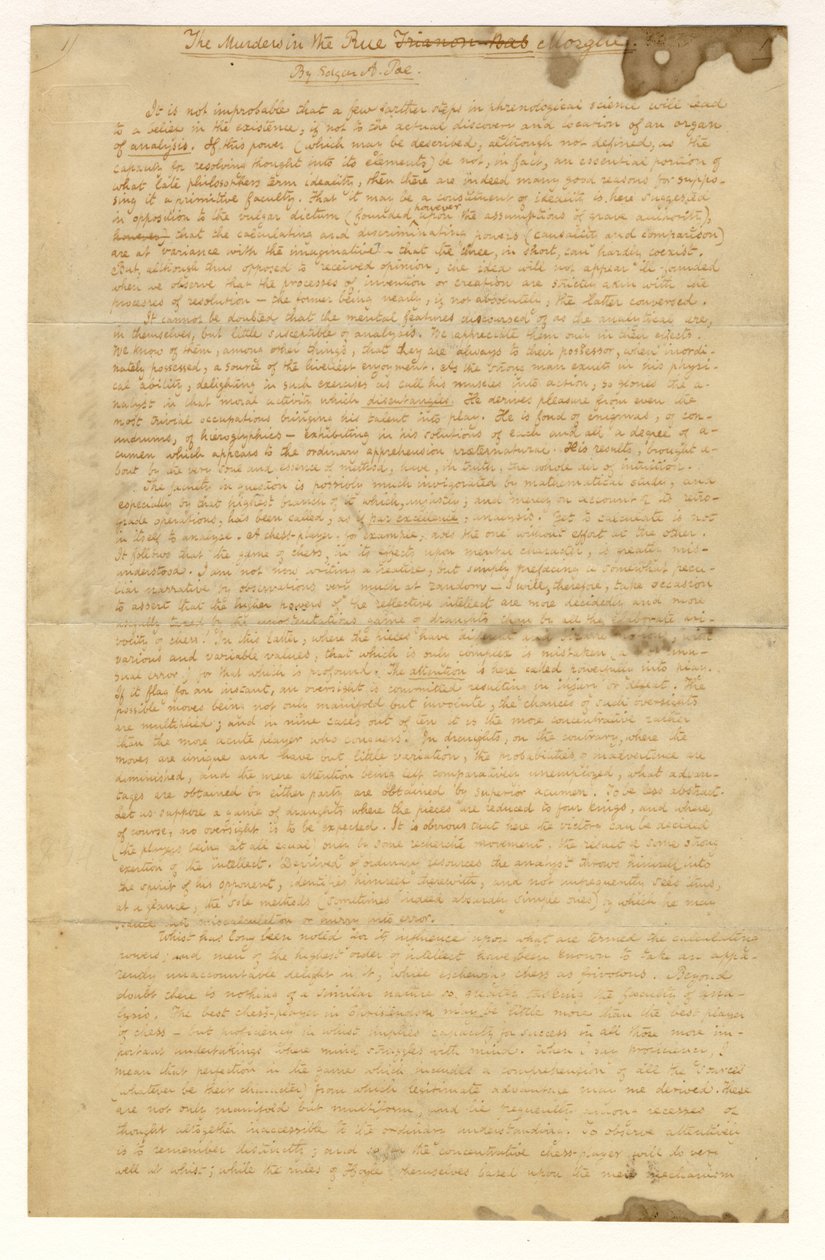 Primeira página dos assassinatos na rua Morgue por Edgar Allan Poe, 1841 de American School