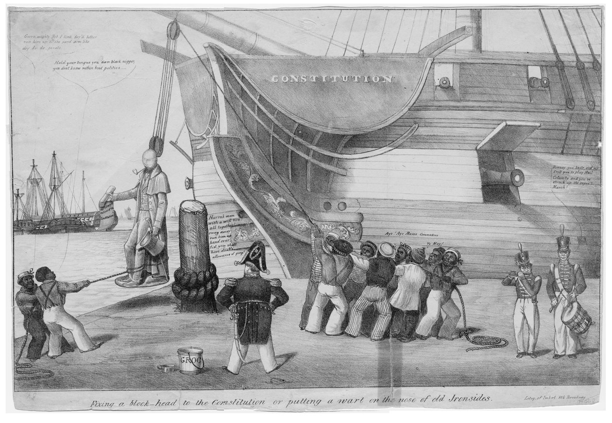 Consertando uma cabeça de bloco para a Constituição, ou, Colocando uma verruga no nariz do velho Ironsides, c.1832 de American School