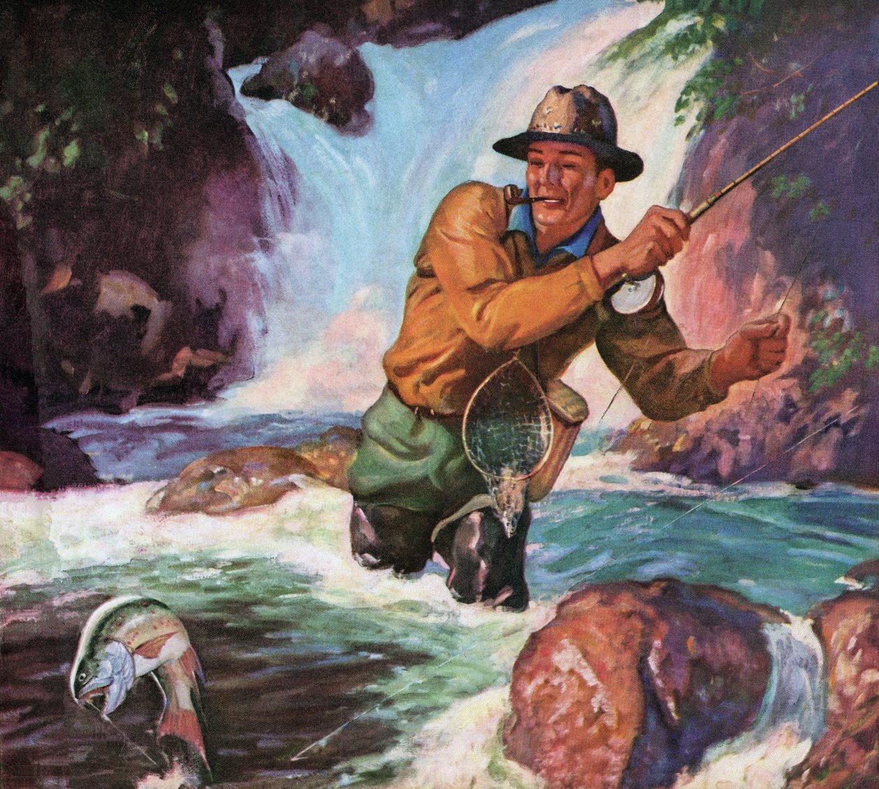 Pescador com mosca num rio a apanhar uma truta de ribeira de American School