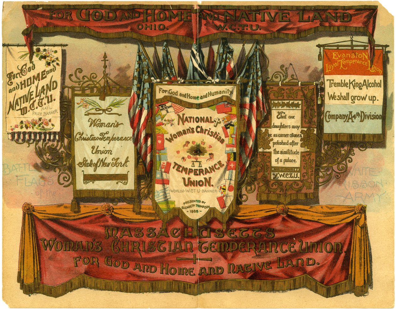 Para Deus e Lar e Terra Nativa ... União de Temperança Cristã da Mulher, Bandeiras de Batalha do Exército da Fita Branca, 1885 de American School