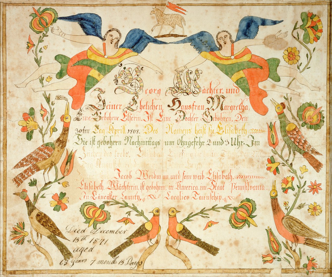 Fraktur para a certidão de nascimento e de batismo de Elizabeth Wachter (1808-71) 1808 (tinta e aguarela sobre papel) de American School