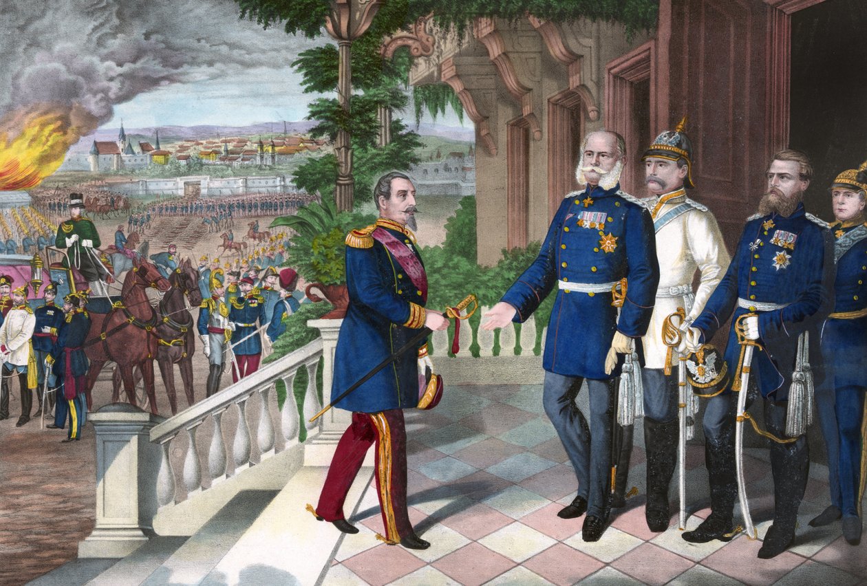 Guerra Franco-Prussiana 1870-1871: A rendição de Napoleão III após a batalha de Sedan, 2 de Setembro de 1870. Gravura de linha colorida, americano, c1871 - Guerra de 1870: Napoleão III (1808-1873) prisioneiro após a batalha de Sedan encontra Guilherme I da de American School