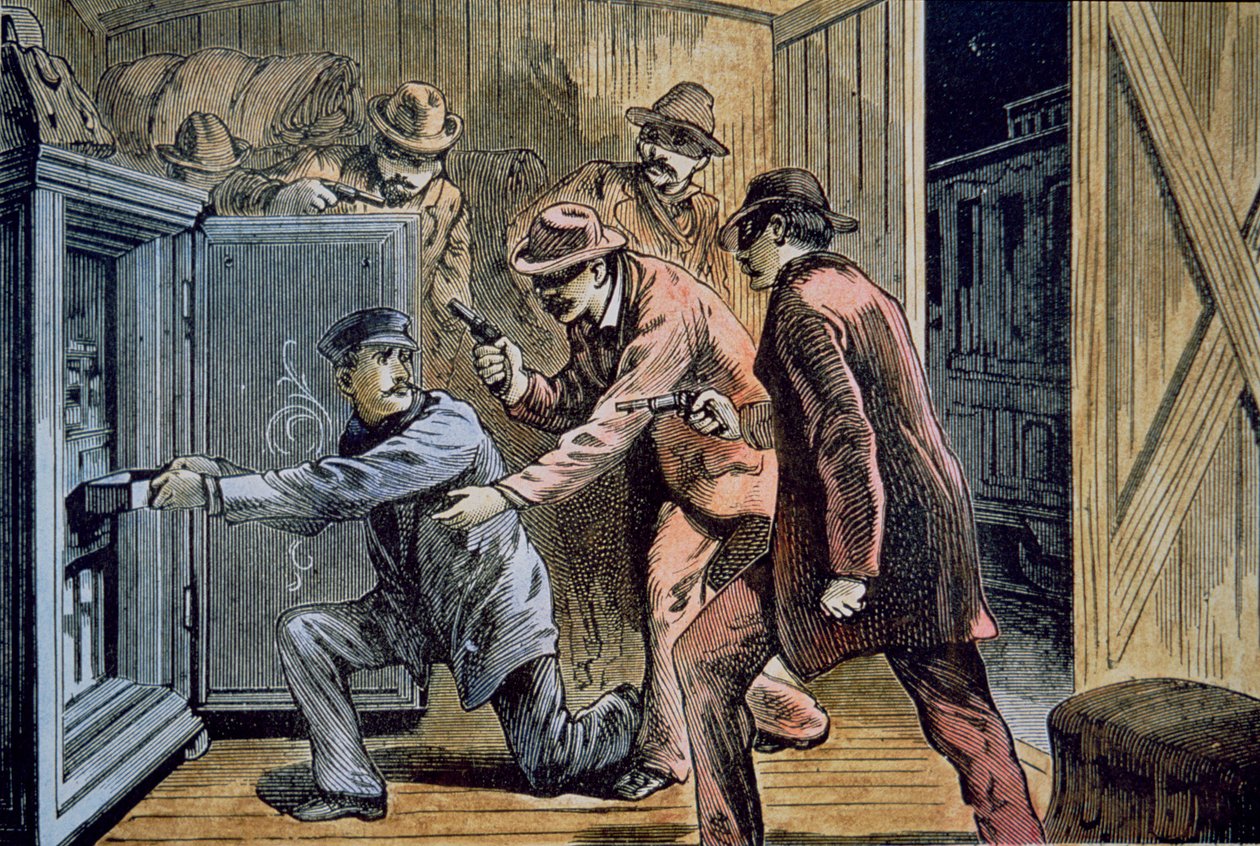 Frank e Jesse James Gang roubam o vagão expresso de um trem em 1879 (cor litho) de American School