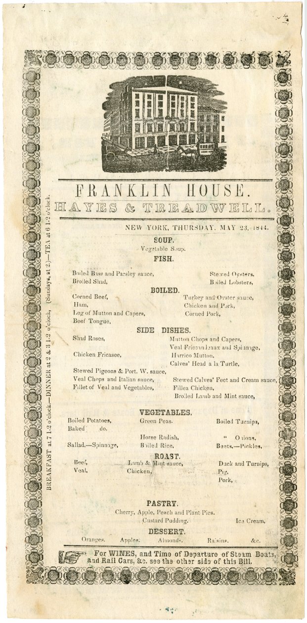 Franklin House Menu para 23 de maio de 1844, 1844 (menu gravado) de American School
