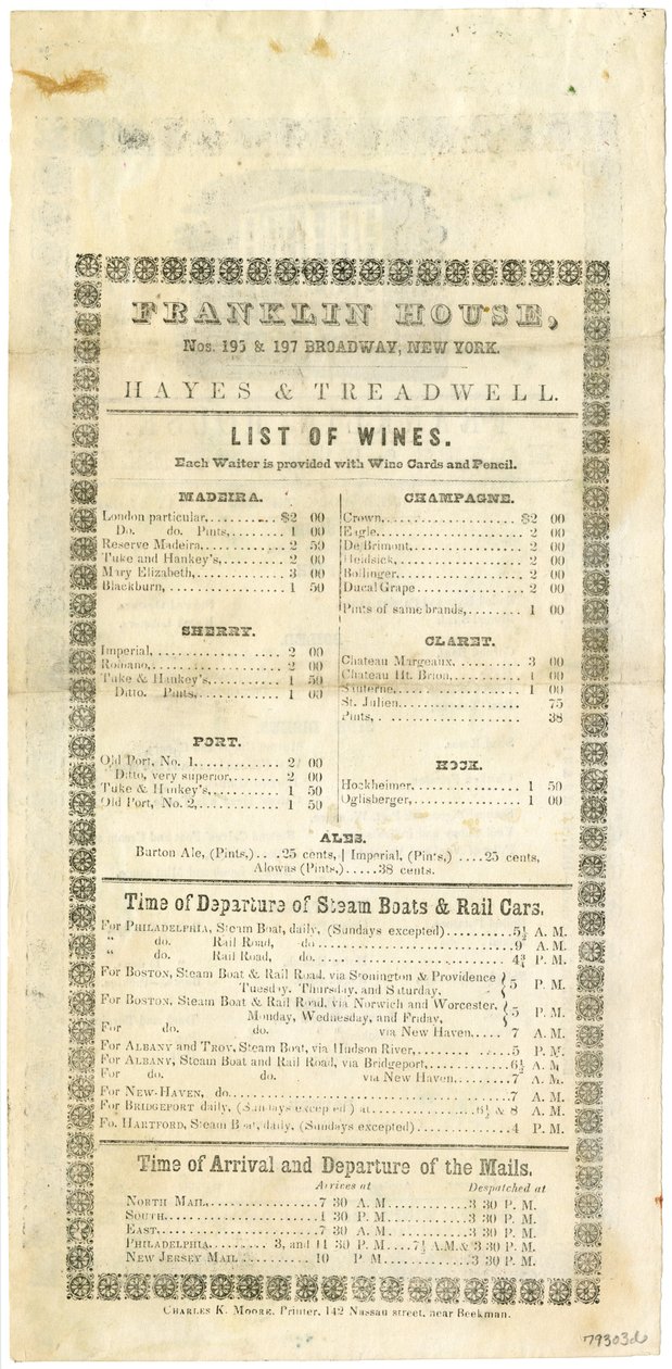 Lista de vinhos da Franklin House para 23 de maio de 1844, 1844 (menu gravado) de American School