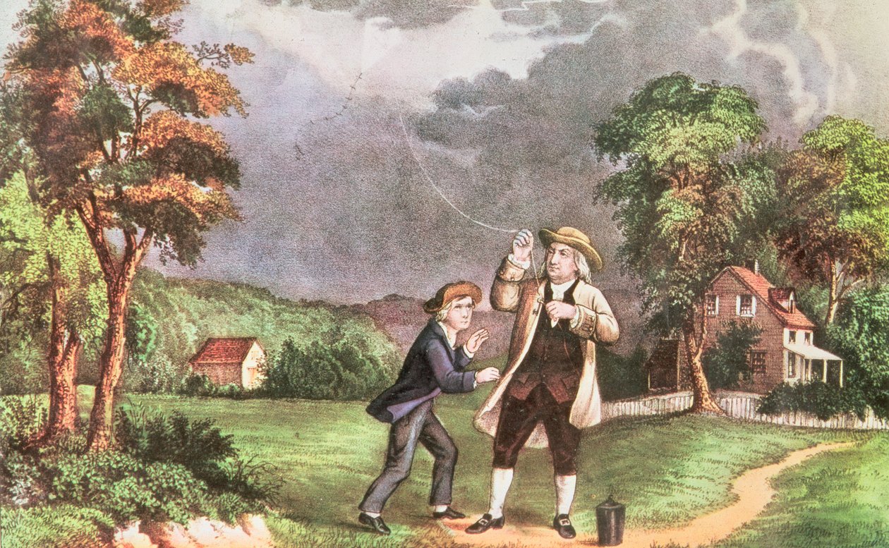 Franklins experimenta em eletricidade c.1746, pub. por Currier e Ives (impressão) de American School