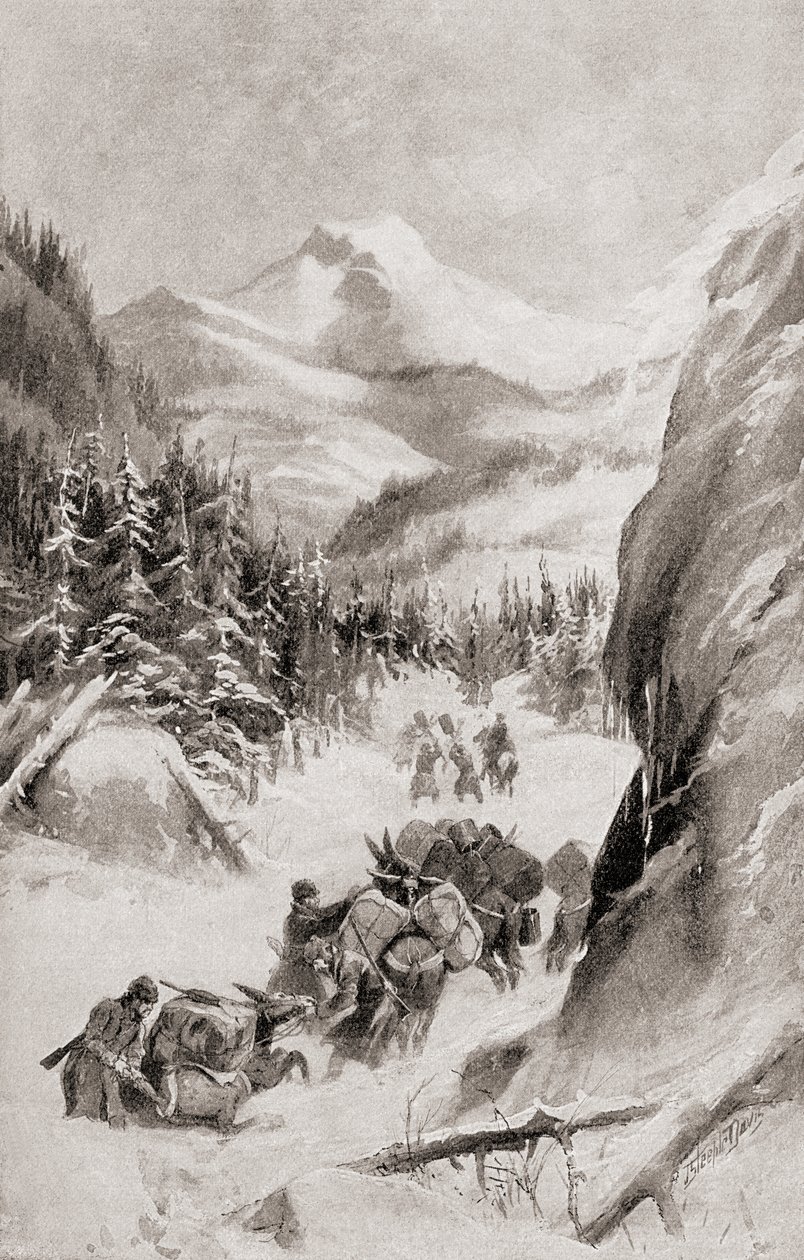 Fremont nas Montanhas Rochosas, América do Norte, durante a sua quarta expedição de 1848, de "The History of Our Country", publicado em 1905 (litografia) de American School