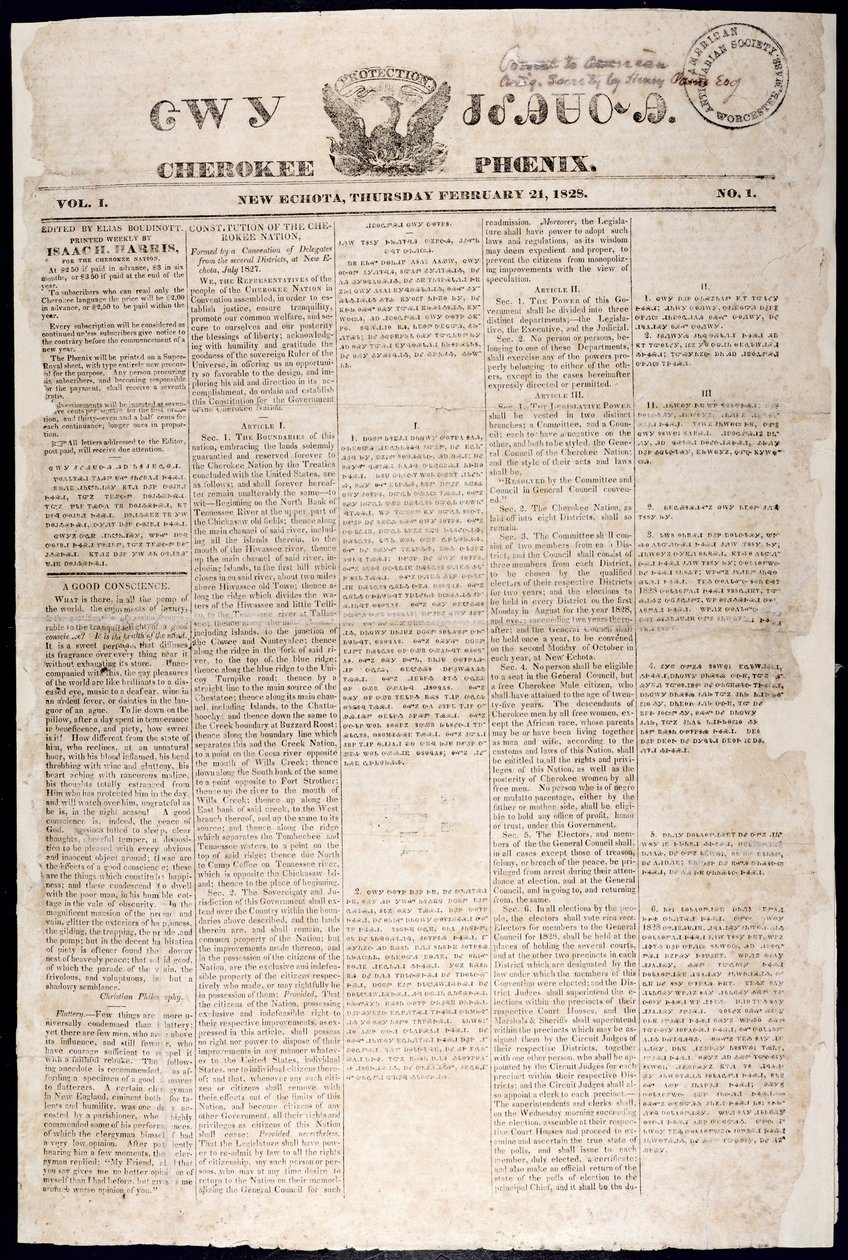 Primeira página do Cherokee Phoenix, 21 de fevereiro de 1828 (impressão) de American School