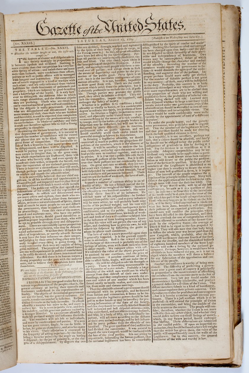 Primeira Página da Gazeta dos Estados Unidos, 15 de abril de 1789 de American School