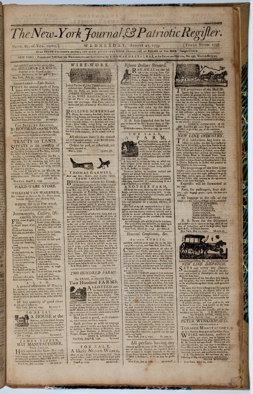Primeira página do New York Journal e Patriot Register, 21 de agosto de 1793 de American School