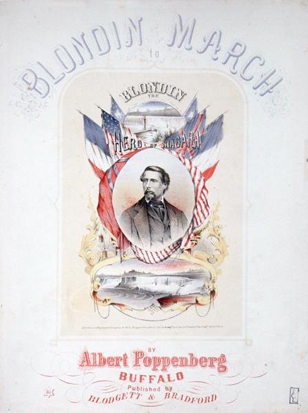 Capa da partitura de "Blondin March" de Albert Poppenberg (cor litho) de American School