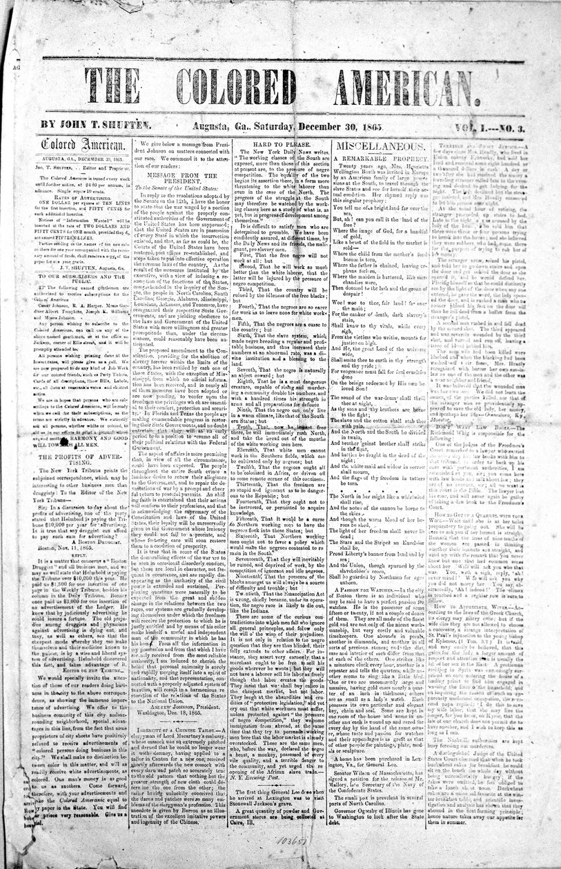 Primeira página do The Coloured American, 30 de dezembro de 1865 (impressão) de American School