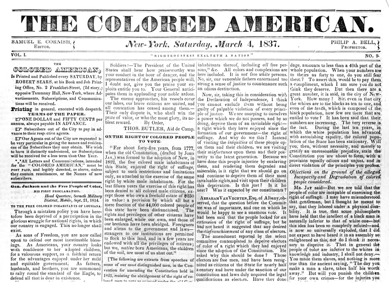 Primeira página do The Coloured American, 4 de março de 1867 (papel de jornal) de American School