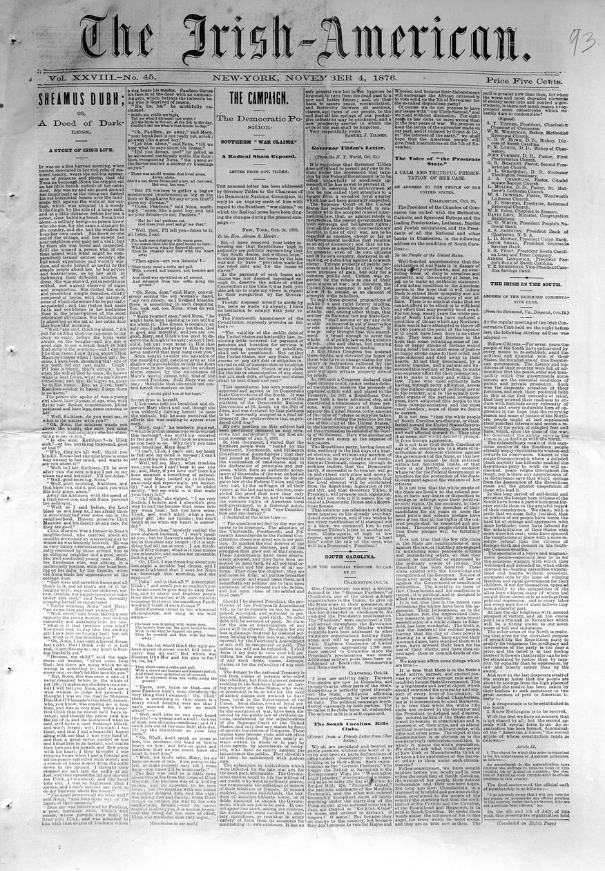 Primeira página de The Irish-American, publicada em Nova York, 4 de novembro de 1876 (papel de jornal) de American School