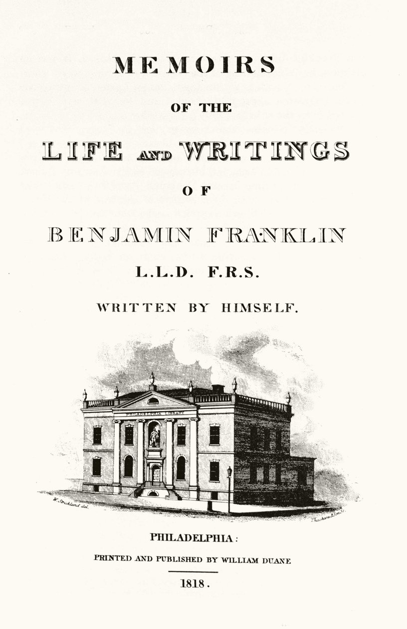 Frontispício da autobiografia "Memórias da vida e escritos de Benjamin Franklin", de Benjamin Franklin. Edição de 1818. de American School