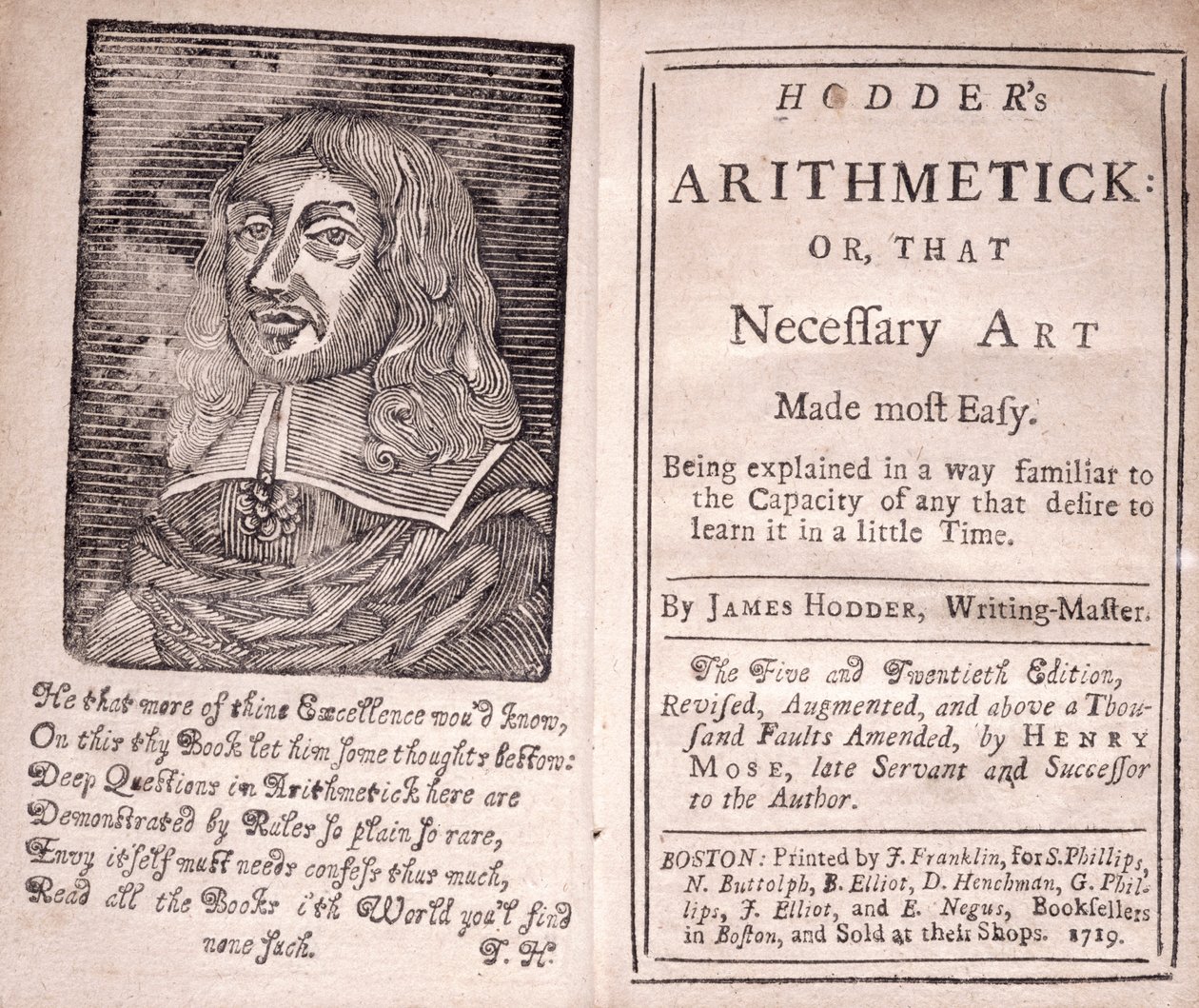 Frontispício e título para Arthimetick de Hodders ou, que a arte necessária mais fácil, por James Hodder, 1719 de American School