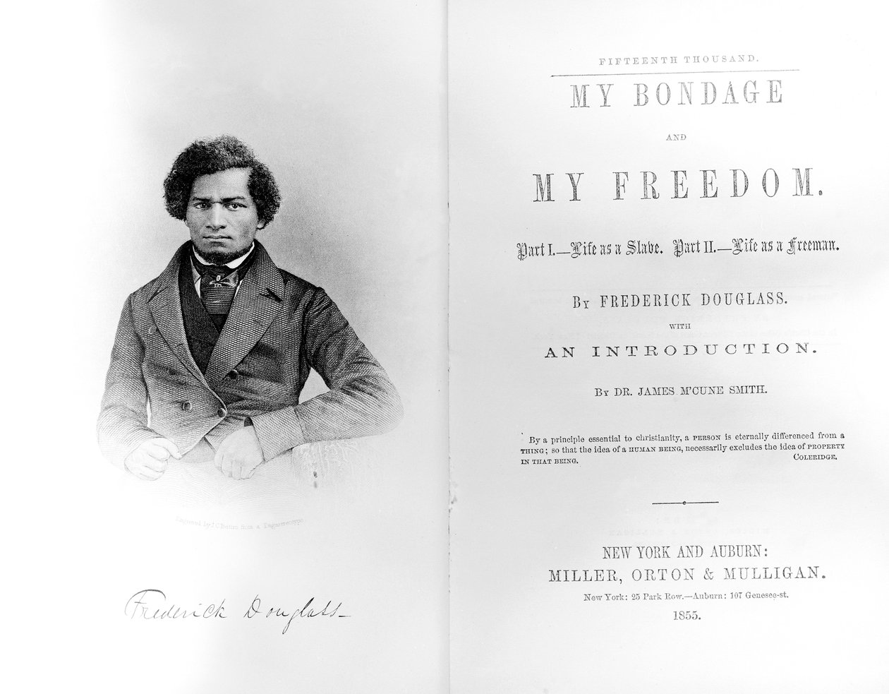 Frontispício e título para My Bondage and My Freedom, de Frederick Douglass (1818-95) publicado em 1855 (impresso) de American School