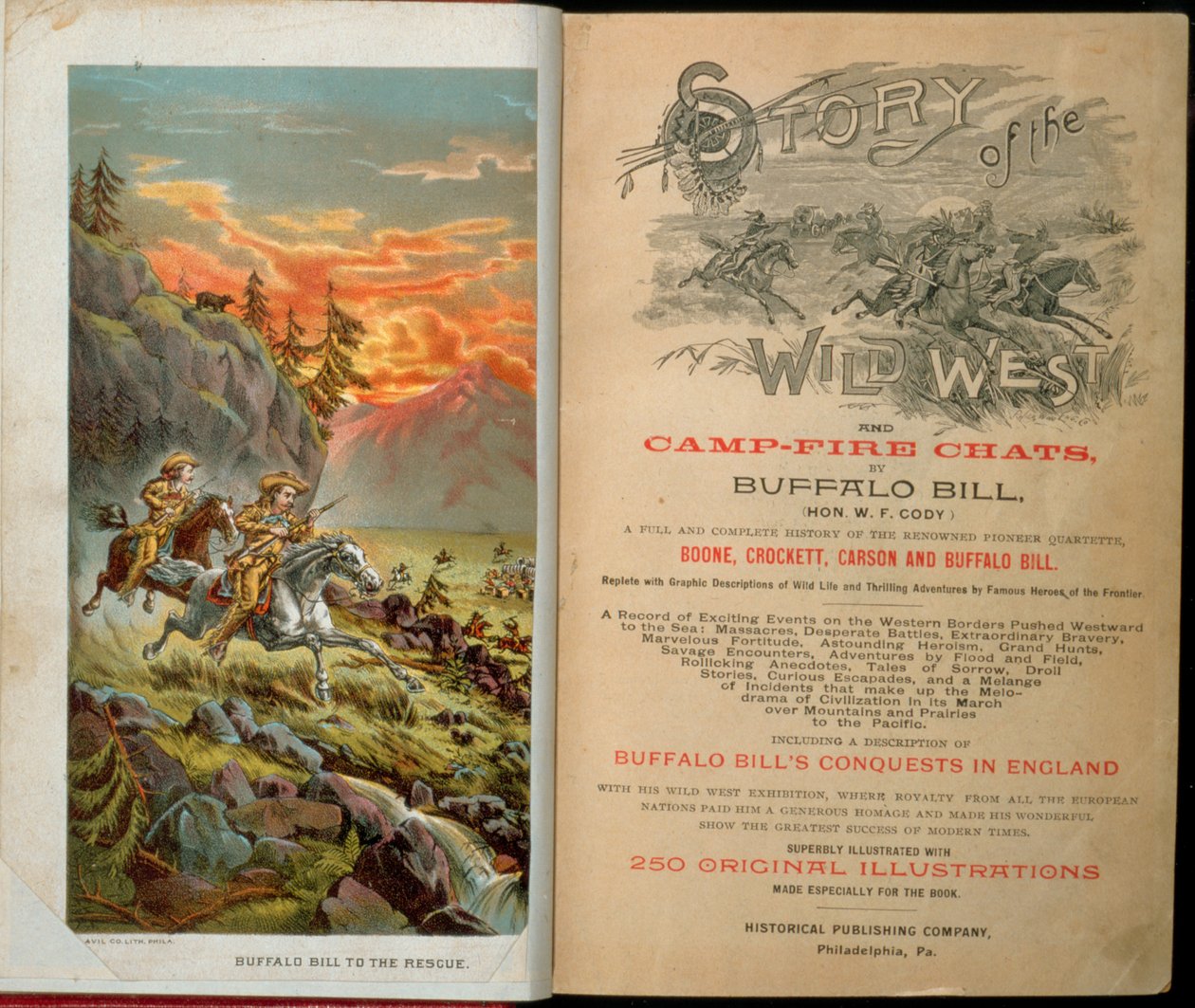 Frontispício e título para História do Oeste Selvagem e Chamadas de Fogo no Campo por Buffalo Bill (1846-1917) de American School