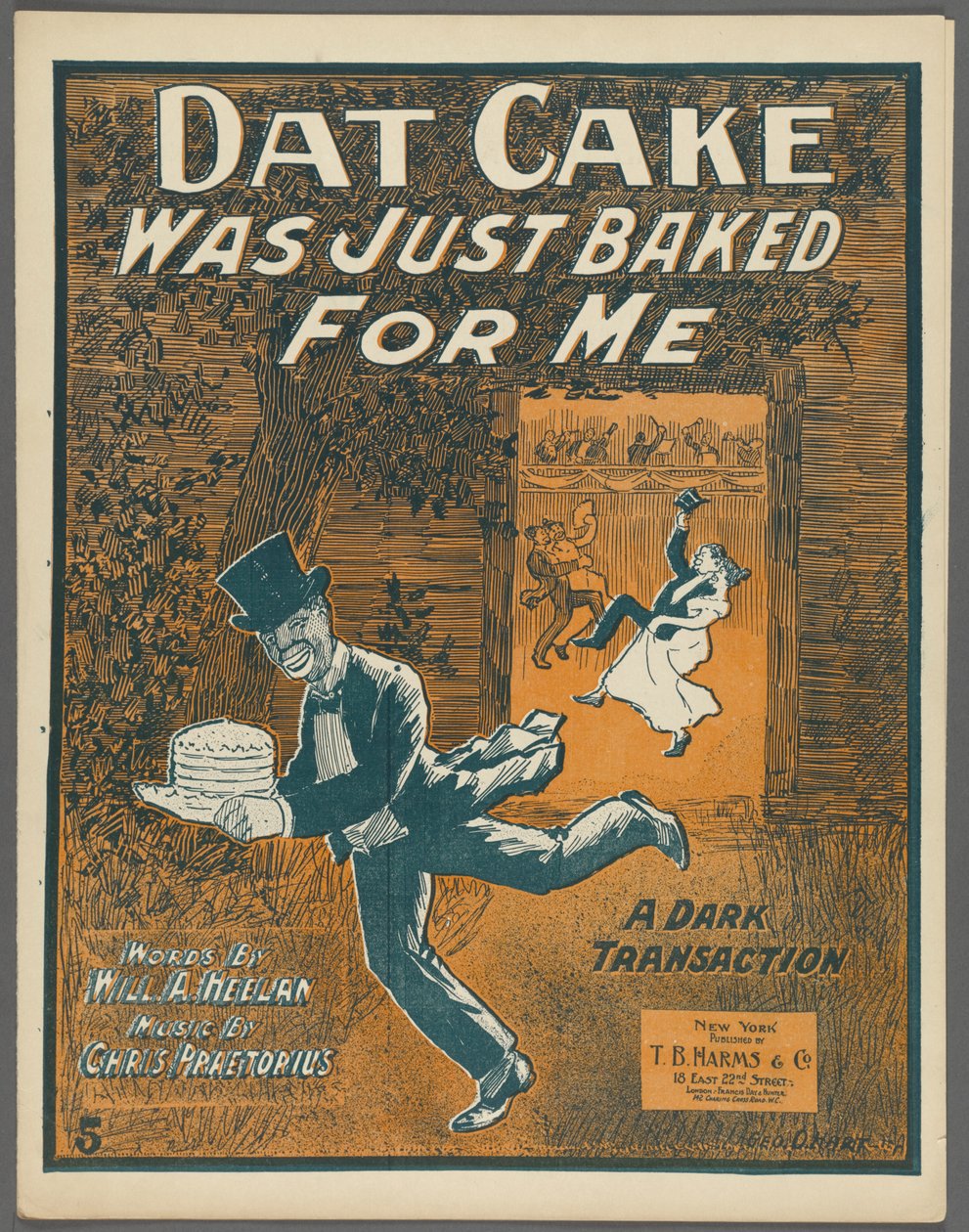 O frontispício de "Dat Cake foi assado para mim" por Will A. Heelan e Chris Praetorius, c.1898 de American School