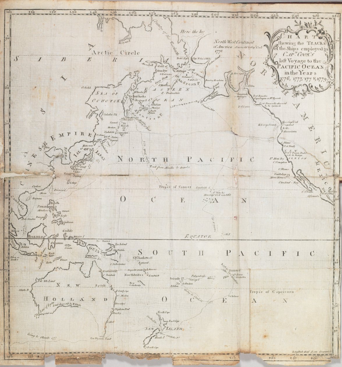 Mapa do frontispício de "A Journal of Captain Cook" s Last Voyage to the Pacific and in Quest of a North-West Passage Between Asia and America "por John Ledyard, 1783 de American School
