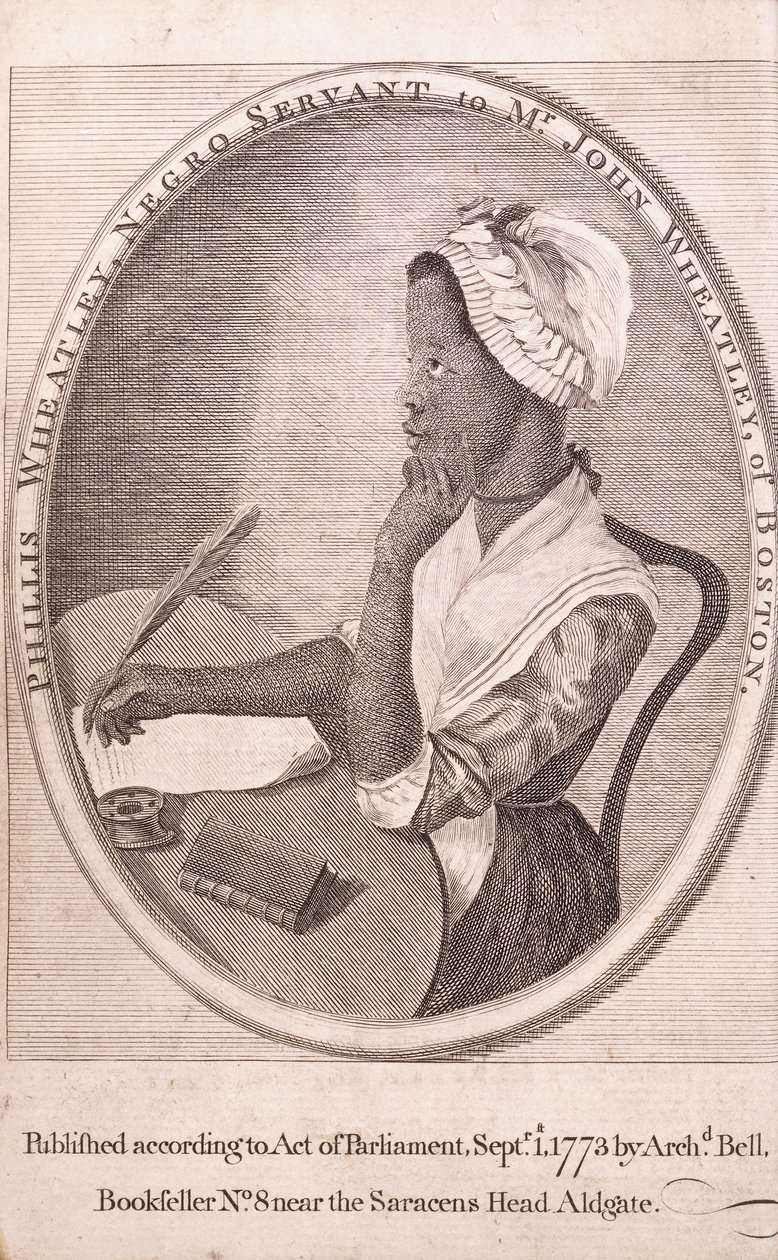 Retrato do frontispício da autora, Phillis Wheatley, do livro &39;Poemas sobre vários assuntos, religiosos e morais&39; de American School