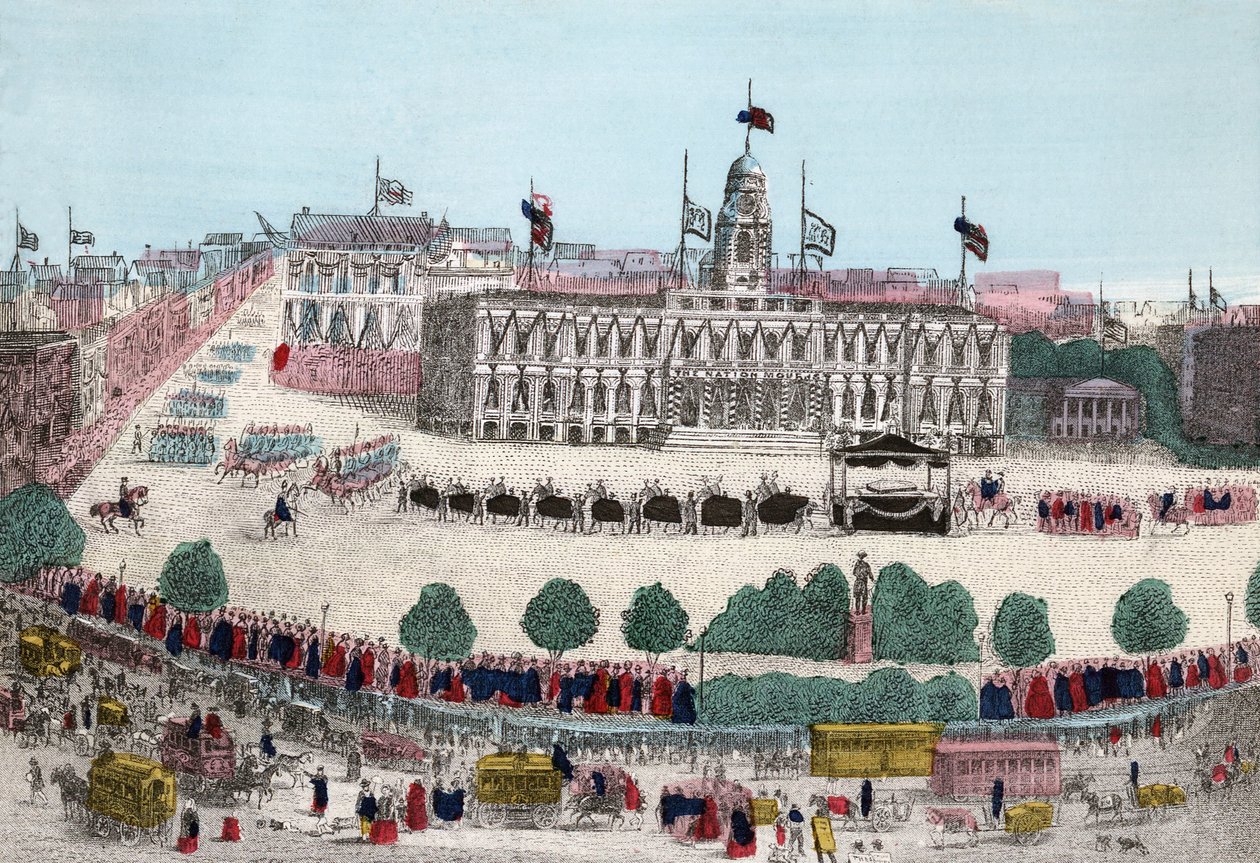 Procissão Funerária de Abraham Lincoln, 25 de Abril de 1865 em Nova Iorque, pub. 1865 (gravura colorida à mão) de American School