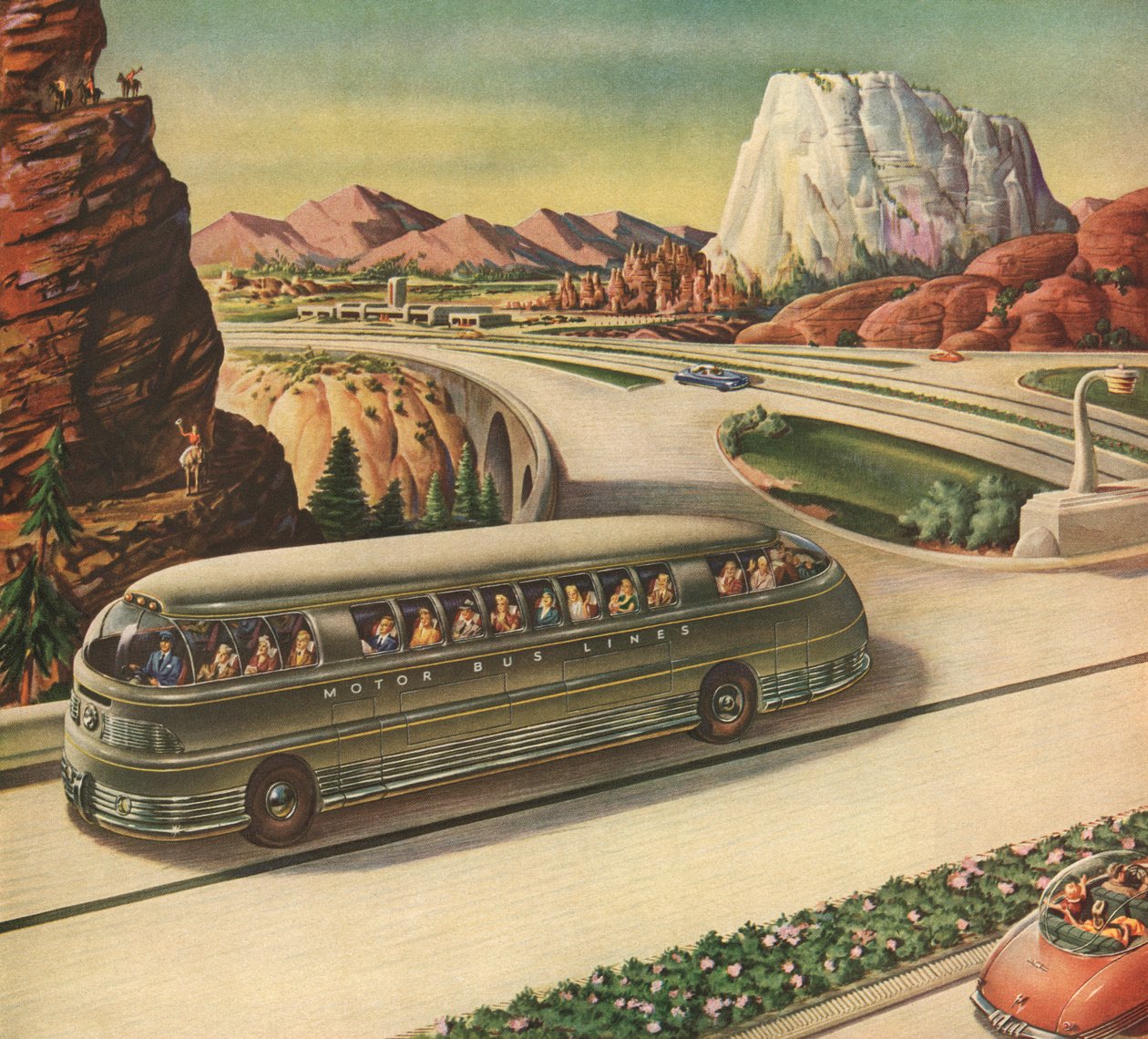 Ônibus Futurista de Passageiros Viajando em uma Rodovia no Sudoeste Americano de American School