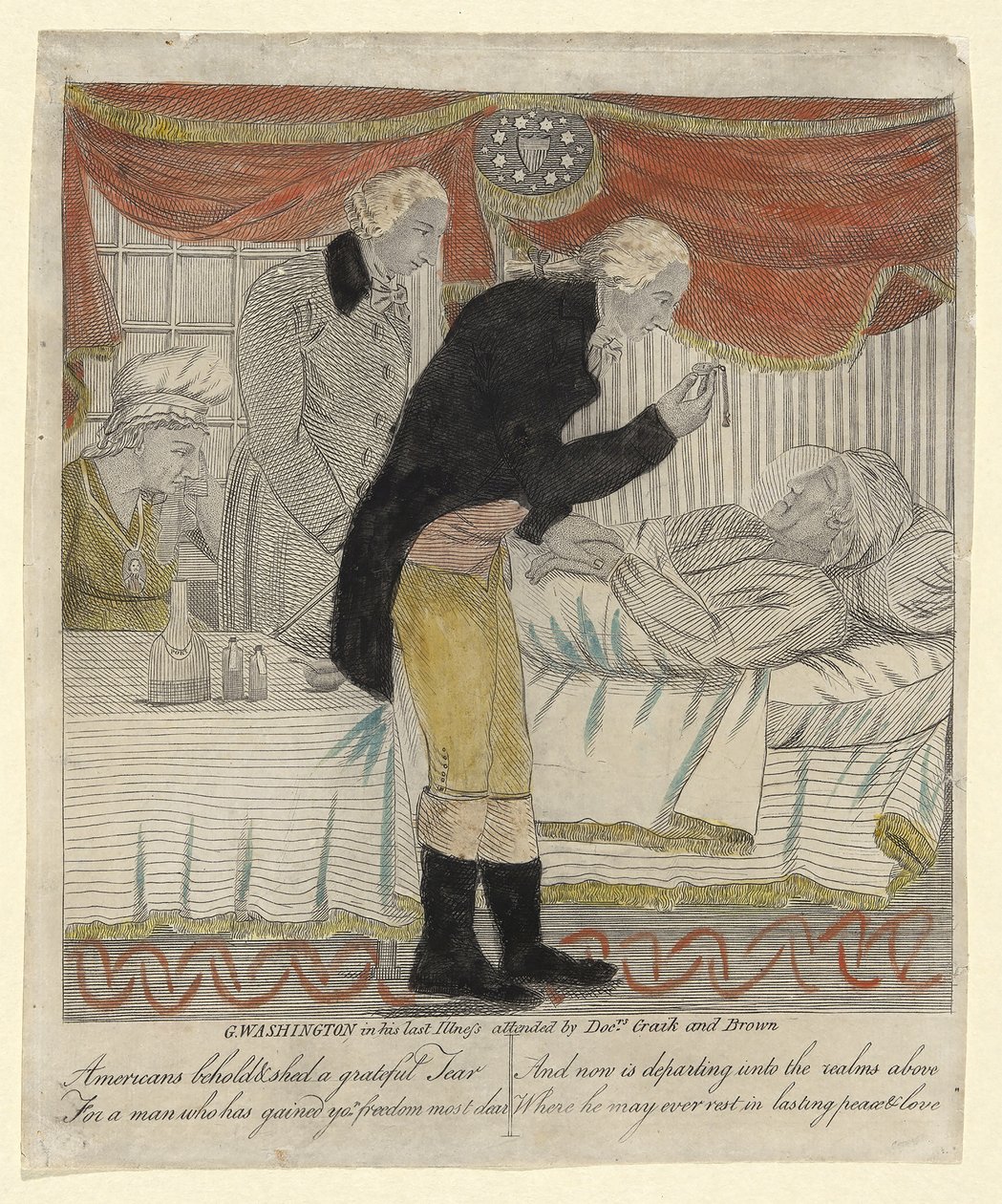 G. Washington na sua última doença, atendido pelos Drs. Craik e Brown, pub. c.1800 (gravura colorida à mão) de American School