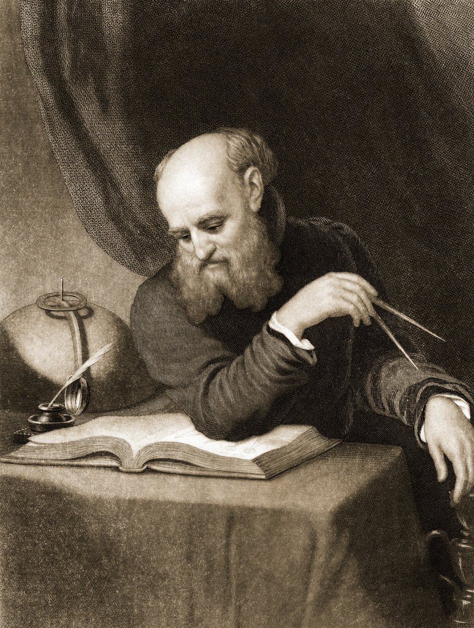 Galileu com bússola e diagramas, c.1880 (gravura) de American School