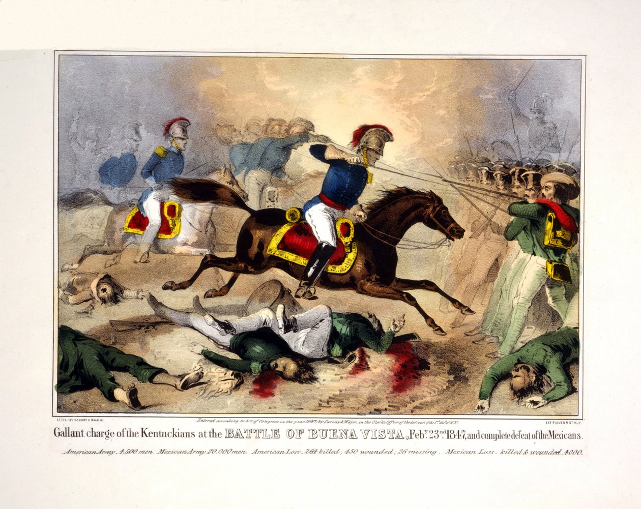 Ataque galante dos Kentuckianos na batalha de Buena Vista, 23 de fevereiro de 1847 e derrota completa dos mexicanos. 23 de fevereiro de 1847 e derrota completa dos mexicanos, pub. 1847 (litografia colorida à mão) de American School
