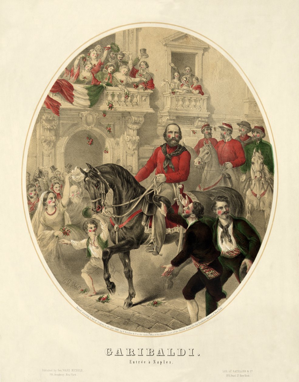 Garibaldi, entra em Nápoles, pub. 1860 (gravura colorida à mão) de American School
