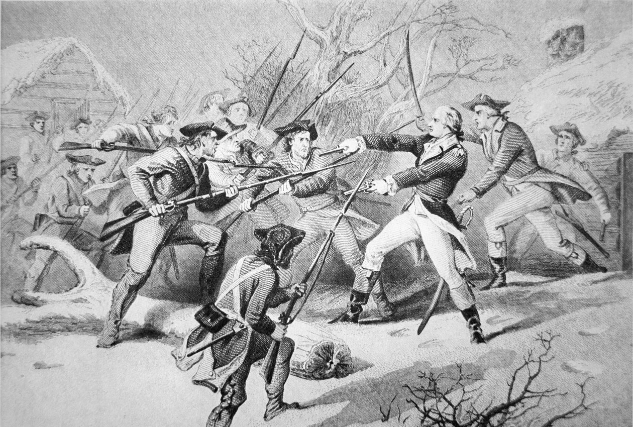 General Anthony Wayne tenta reprimir um motim das tropas pennsyvanianas de Morristown no dia de Ano Novo de 1781 (litho) de American School