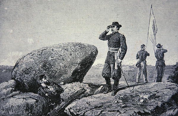 General G. K. Warren na estação de sinal em Little Round Top, Batalha de Gettysburg de American School