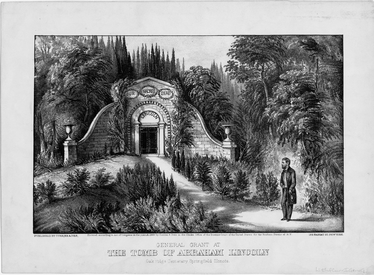General Grant no túmulo de Abraham Lincoln, Oak Ridge Cemitério, Springfield, Illinois, pub. por Currier & Ives, 1868 de American School