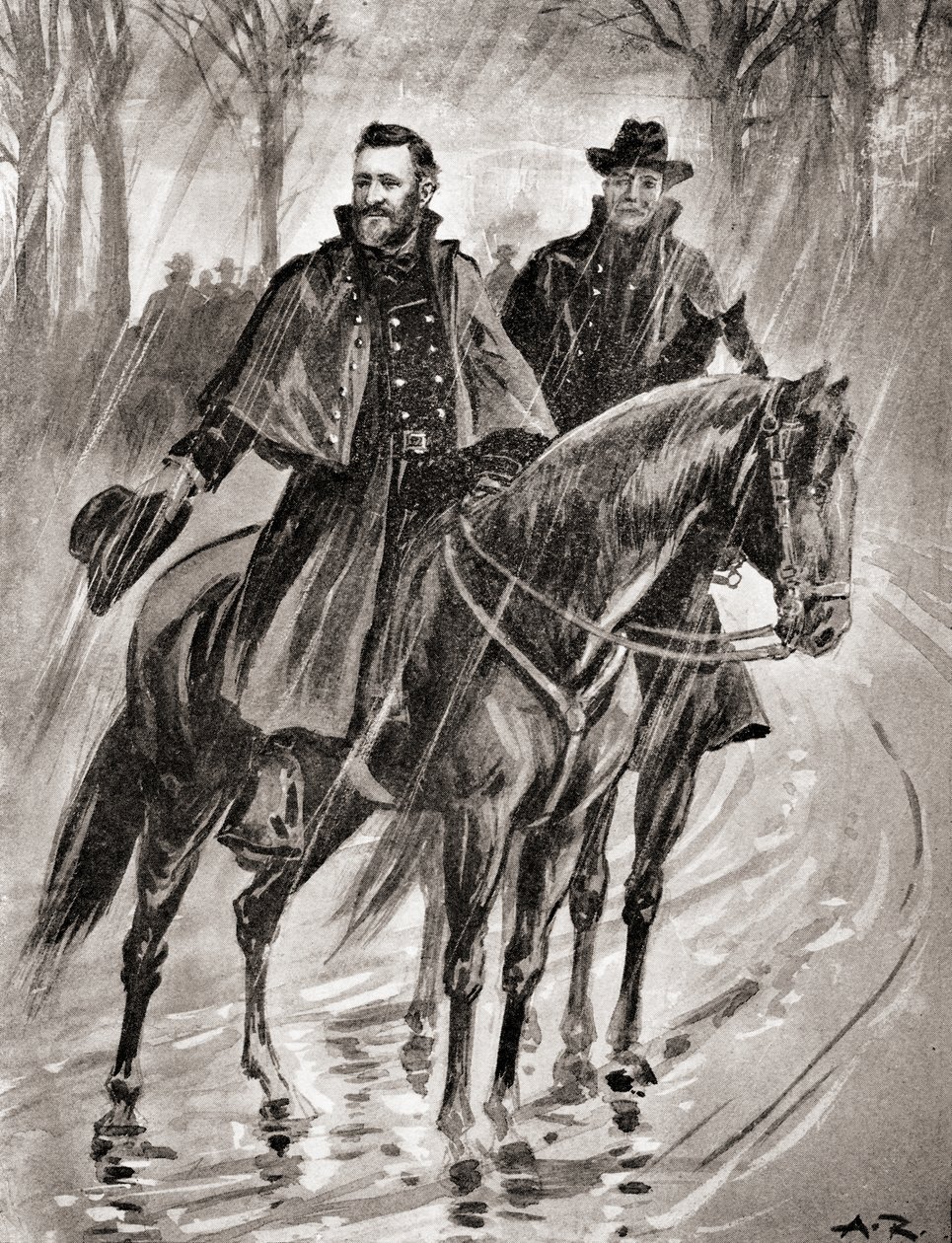 O General Grant a fazer o reconhecimento à chuva em Belmont, Missouri, antes da batalha de 1861, de "The History of Our Country", publicado em 1905 (litografia) de American School