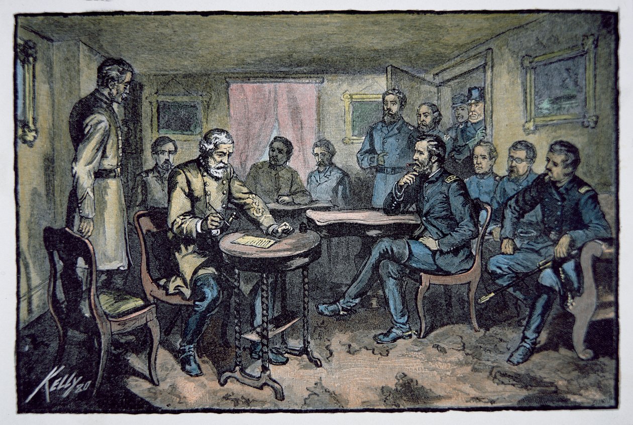 O General Robert E. Lee (1807-70) rende-se ao General Ulysses S. Grant (1822-85) no Appomattox Courthouse, 9 de Abril de 1865 (cor litho) de American School
