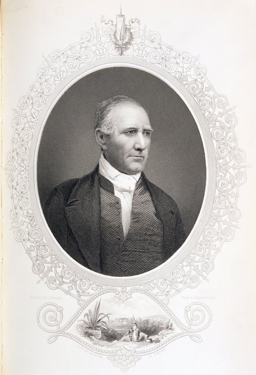 General Samuel Houston, de "A História dos Estados Unidos", vol. II, de Charles Mackay, gravado a partir de um daguerreótipo (gravura) de American School