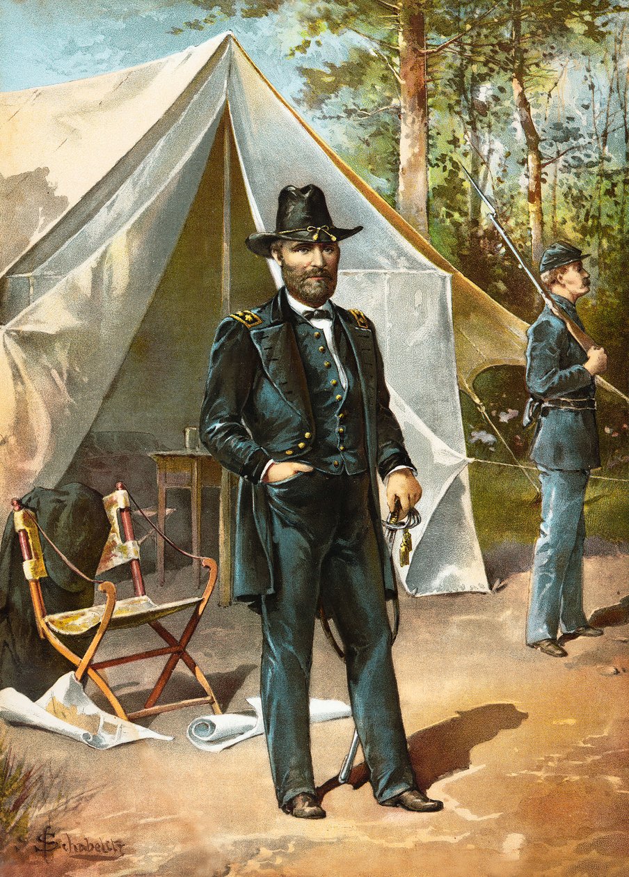 General Ulysees S Grant que está na frente de sua barraca durante a guerra civil americana, bar. 1892 de American School