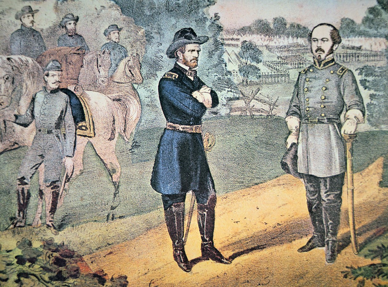 Generais Sherman e Johnson reúnem-se para organizar a rendição das forças confederadas na Carolina do Norte em 1865 (cor litho) de American School