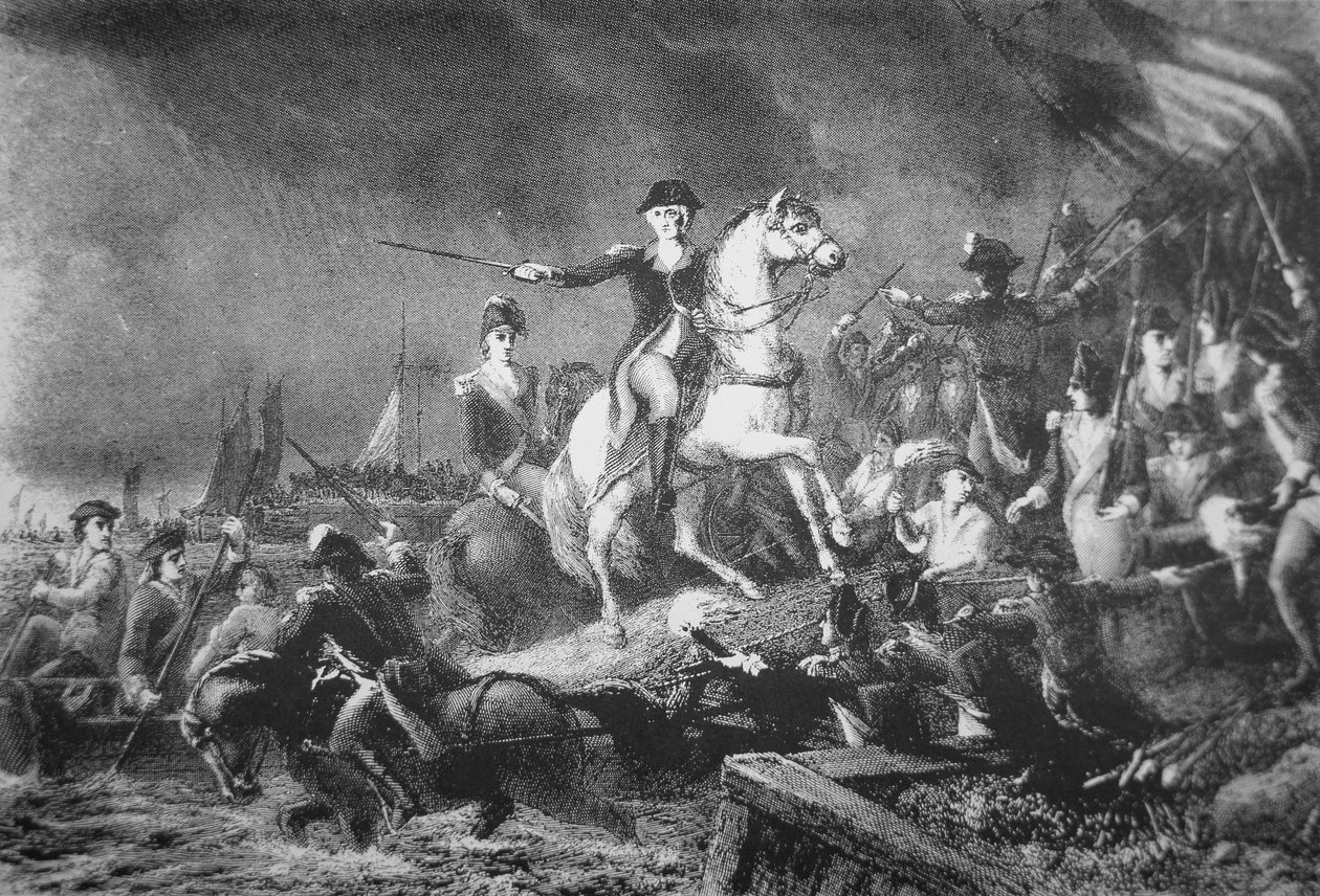 George Washington dirigindo o retiro de Brooklyn Heights, 29 de agosto de 1776 (litho) de American School