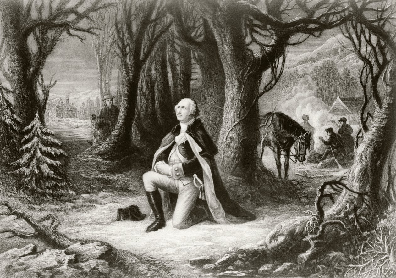 George Washington reza no acampamento da Guerra Revolucionária Americana de Valley Forge durante o inverno de 1777-78, depois de uma pintura de Henry Brueckner de American School