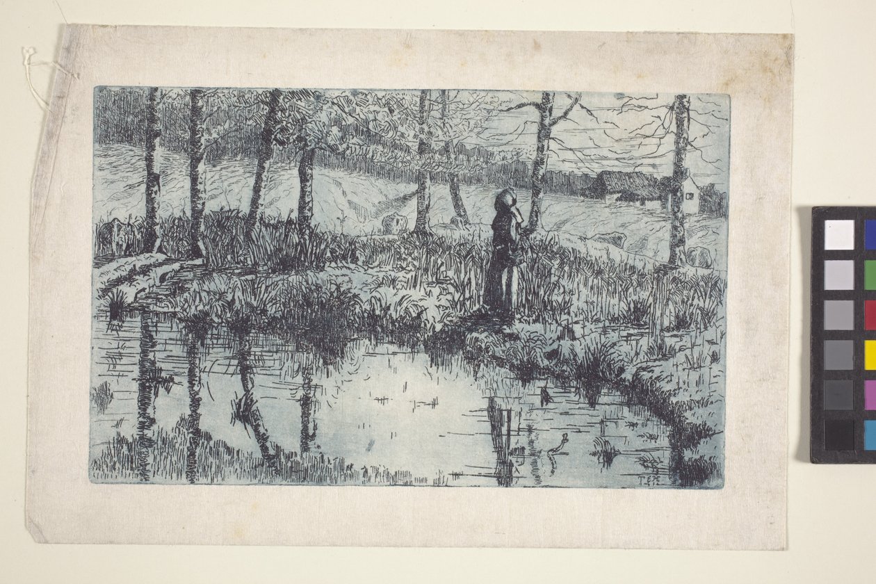 Girl By Pond (gravura e tom de prato impresso em azul) de American School