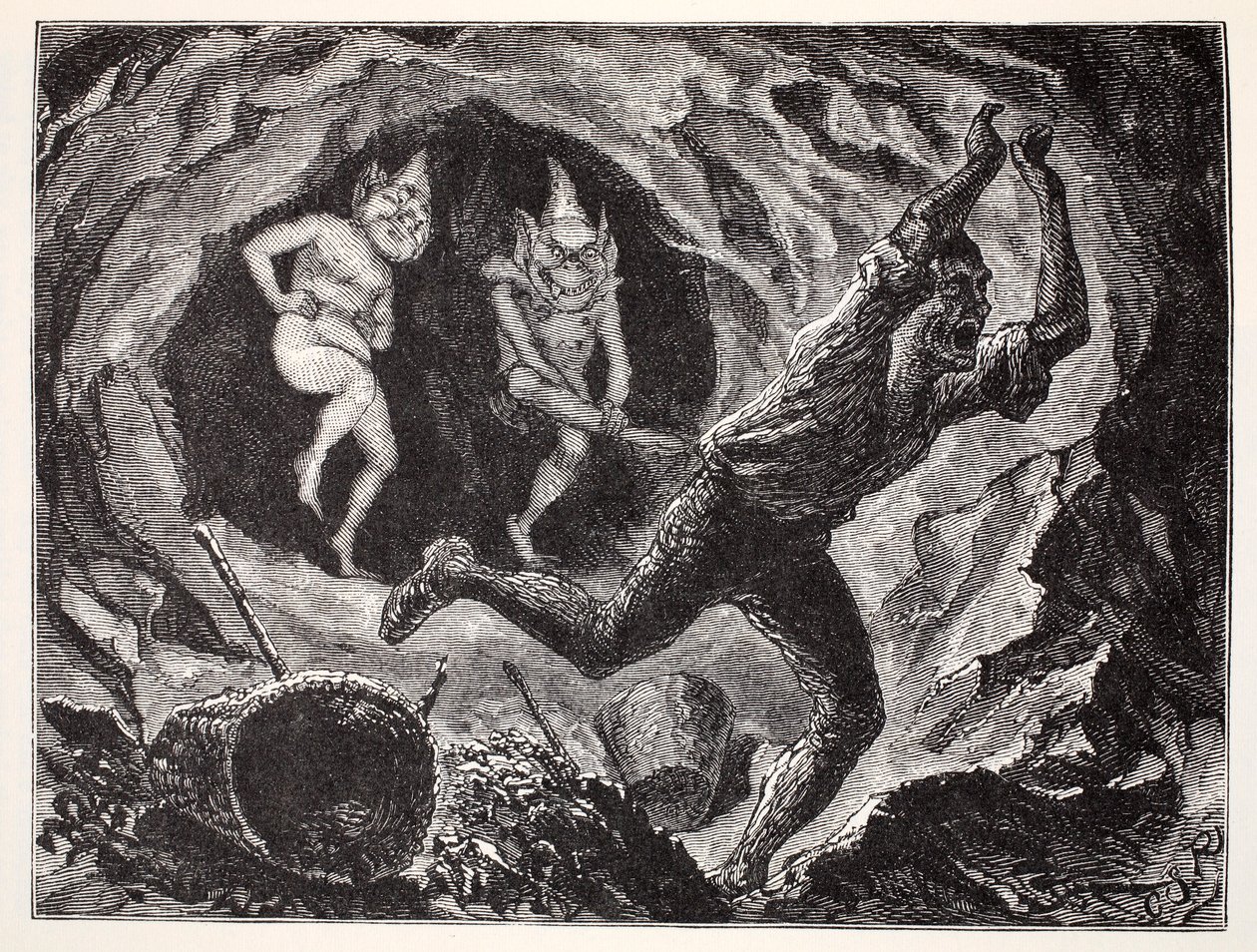 Gnomos Aterrorizando um Mineiro, de O Guia Mundial para Gnomos, Fadas, Elfos e Outras Pessoas Pequenas por Thomas Keightley (1789-1872) Publicado em 1880 de American School