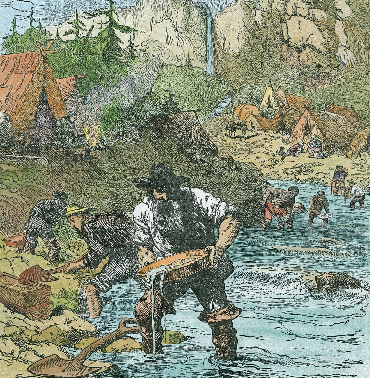 Lavagem de ouro na Califórnia, de um pub de livro. 1896 (gravura colorida à mão) de American School