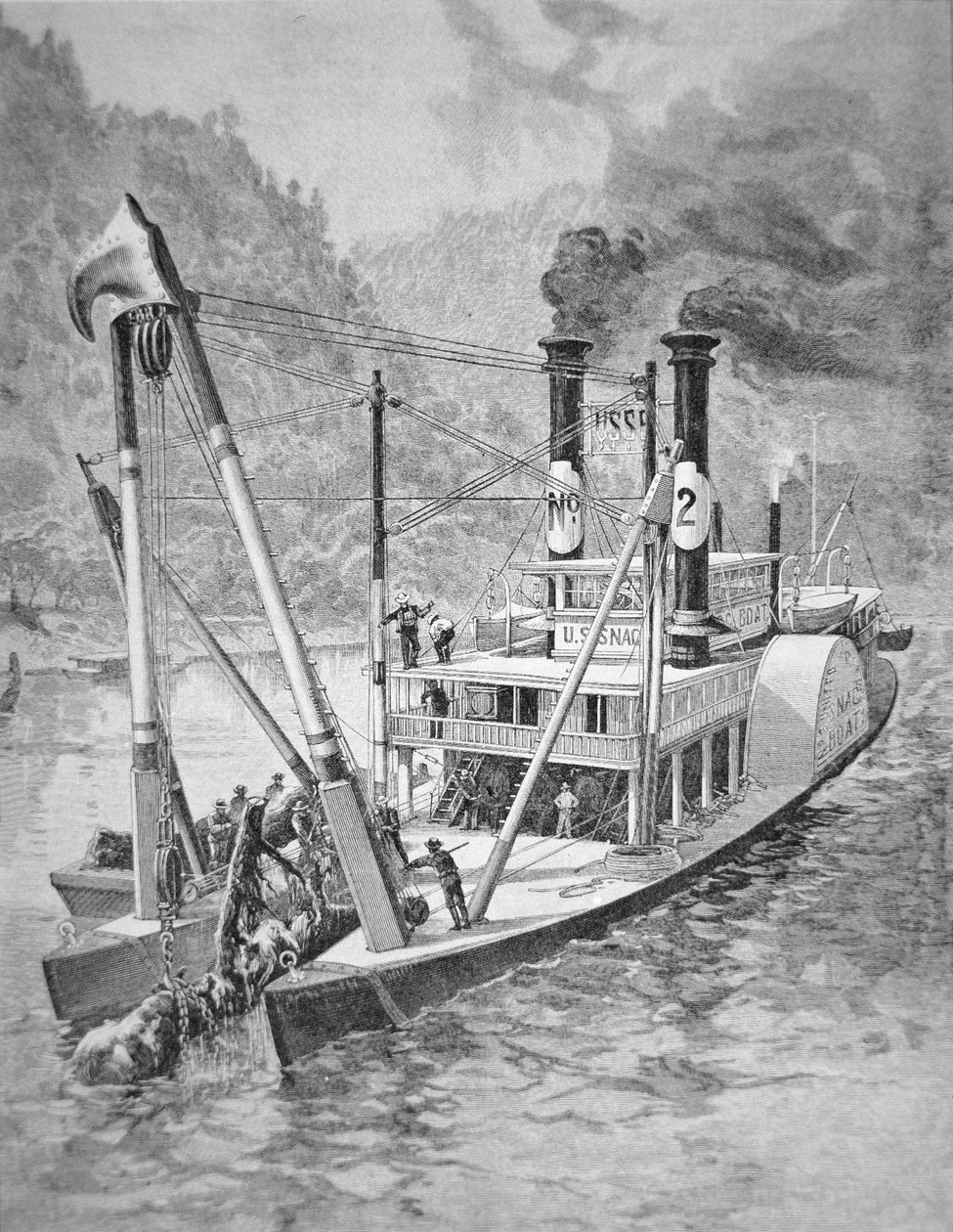 Governo snagboat removendo troncos ou troncos do Mississippi, c.1870 (gravura) de American School