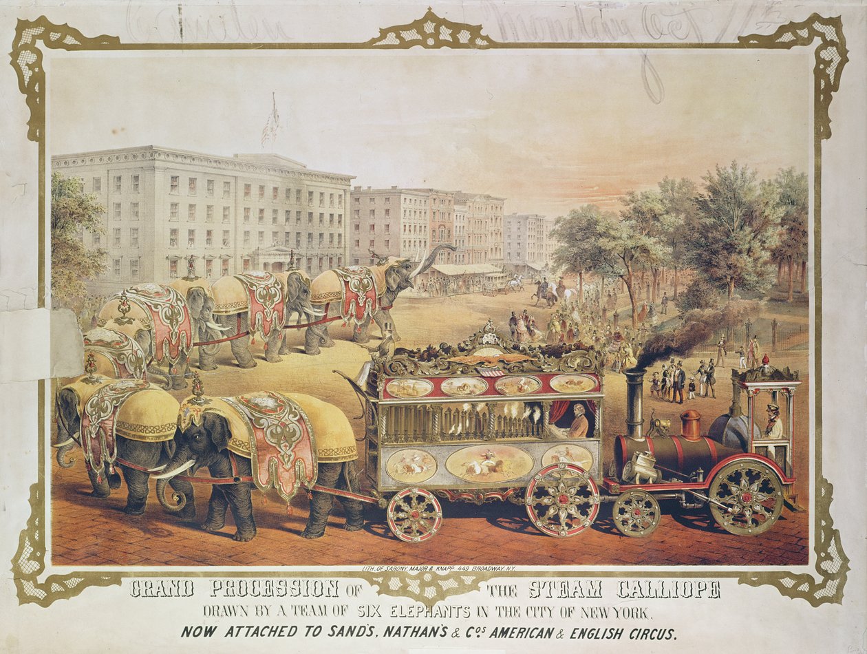 Grande procissão do Calliope a vapor desenhado por uma equipe de seis elefantes na cidade de Nova York, 1857 de American School